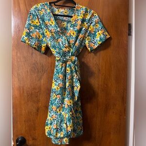 Floral Wrap Mini Dress in Yellow and Green